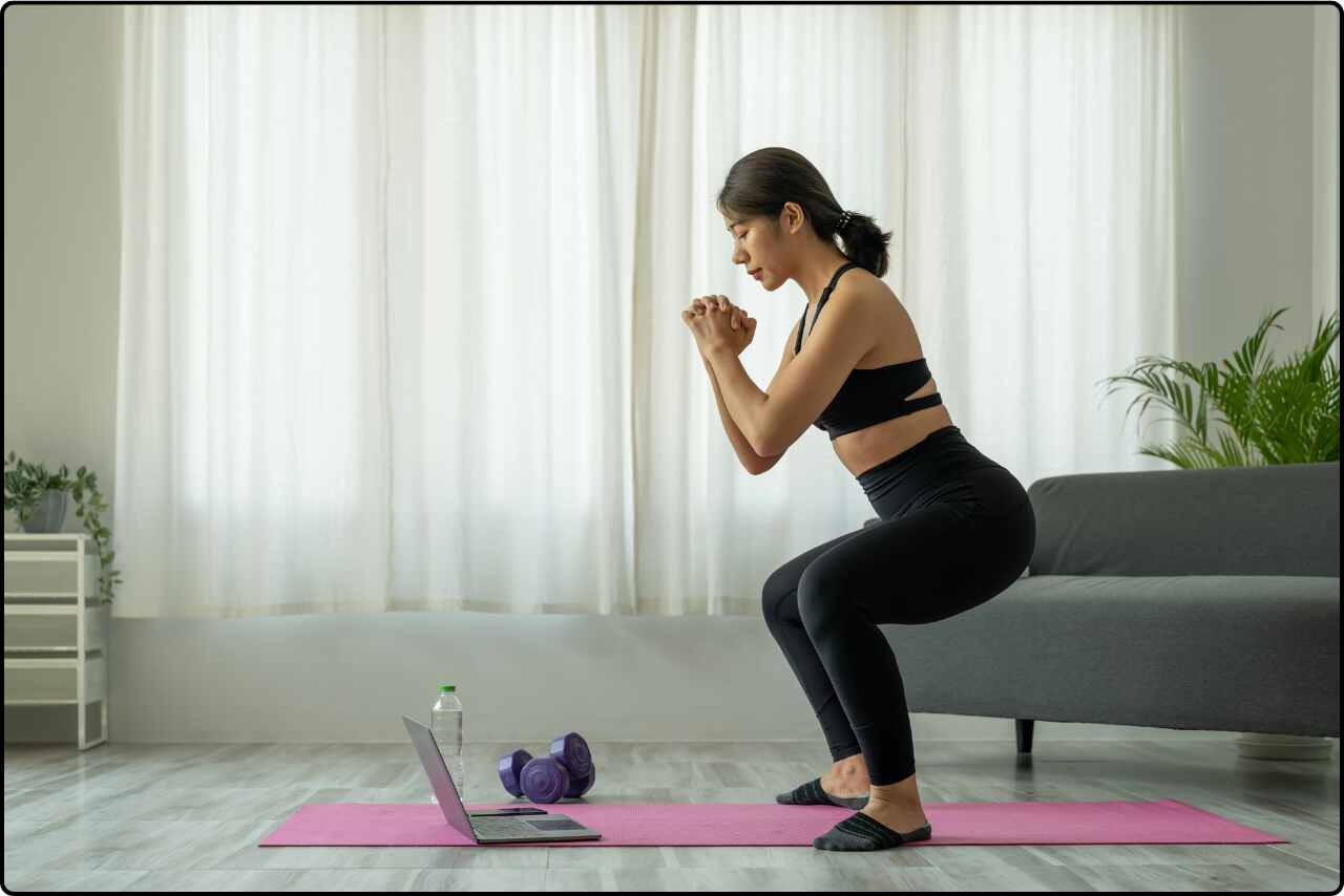 Young woman performing yoga poses while watching a workout video on her Laptop.